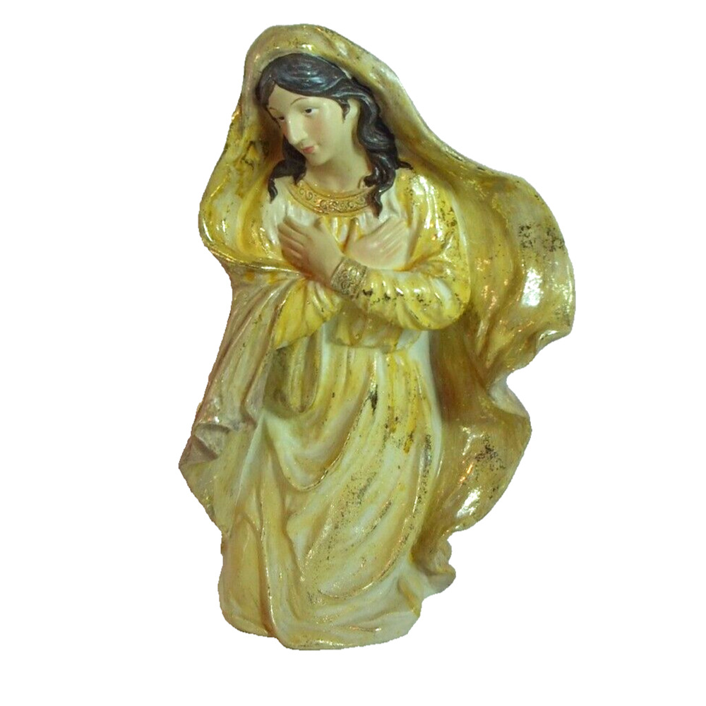Vintage Kneeling Virgin Mary‎ Nativity Figurine Gold Yellow Religious Statue